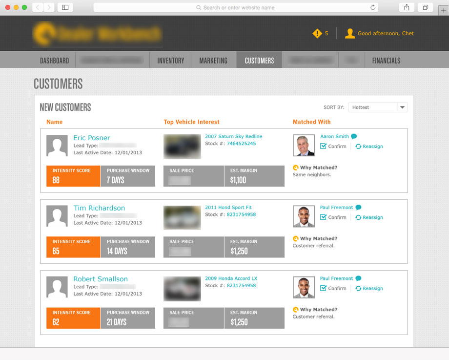 Screenshot of customers screen